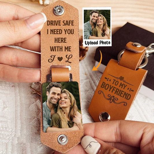 Couple - Drive Safe I Need You Here With Me - Personalized Leather Keychain (HJ)