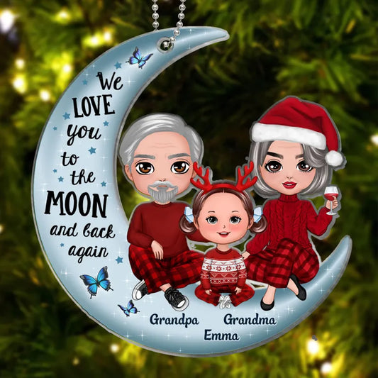 Grandpa Grandma Grandparents & Kid On Moon Christmas Gift Personalized Acrylic Ornament [Grandparents Nickname Can Be Changed]