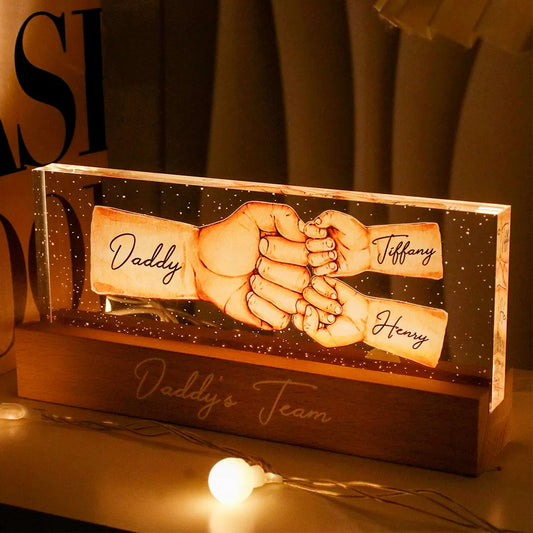 Father's Day - Daddy's Team Fist Bump - Personalized Acrylic Plaque With LED Night Light