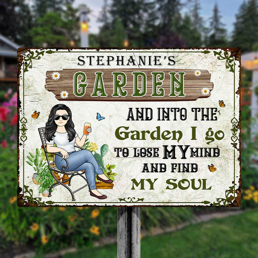 Garage Sign - And Into The Garden I Go Gardening Girl - Personalized Custom Classic Metal Signs