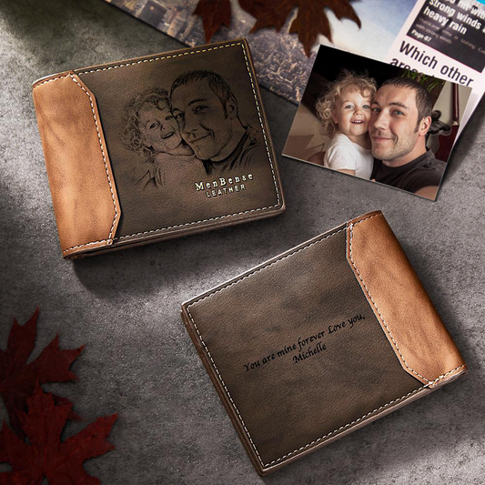 Father's Day - Custom Photo Engraved Wallet Shadow Leather Wallet Gift For Him - Personalized Leather Wallet