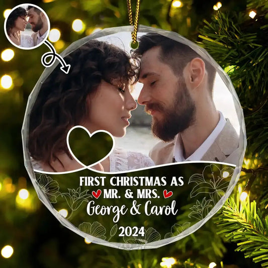 Custom Photo First Christmas As Mr & Mrs Couples - Personalized Circle Glass Ornament Ornament The Next Custom Gift