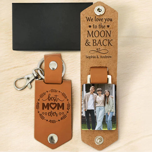 Mother - Custom Photo We Love You To The Moon And Back - Personalized Leather Keychain (HJ)