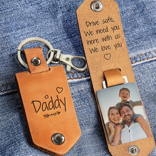 Family - Drive Safe Daddy We Love You - Personalized Leather Keychain (HJ)