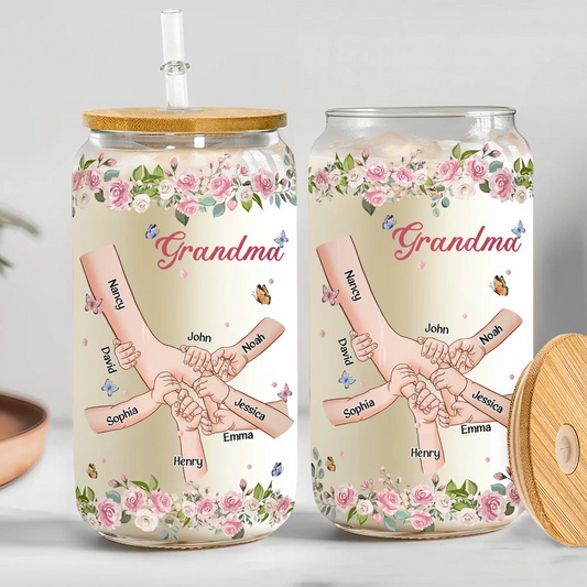 Grandma - Grandma Holding Hands Custom With Kid's Names - Personalized Clear Glass Cup (VT)