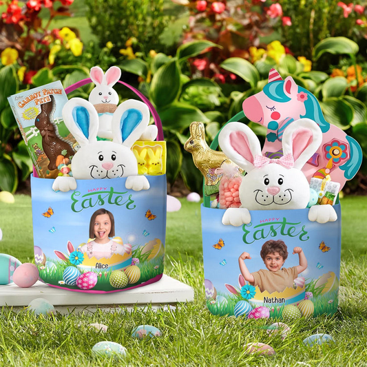 Kids - Happy Easter Kid With Easter Eggs  - Personalized Photo Easter Basket