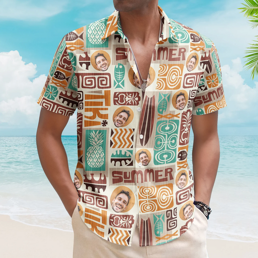 Father - Customize Face With Exotic Tiki Pattern - Personalized Photo Hawaiian Shirt (AB)