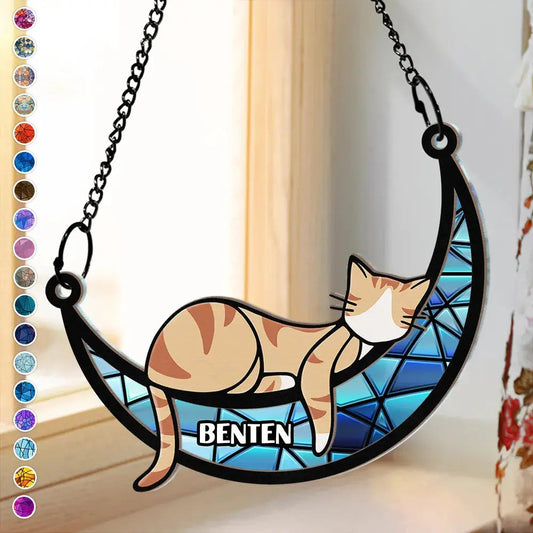 Sleeping Cat On Moon - Personalized Window Hanging Suncatcher Ornament Hanging Suncatcher Ornament The Next Custom Gift