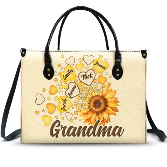 Family - Grandma Mom Kids Sunflower - Personalized Leather Bag