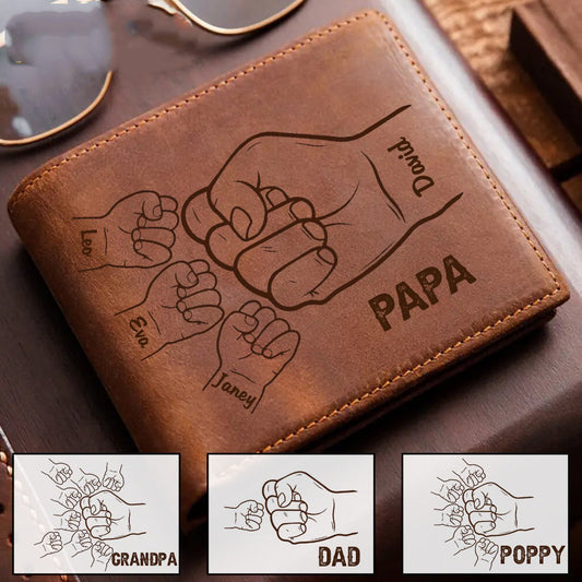 Family - Hands Clenched Father & Kid - Personalized Leather Wallet