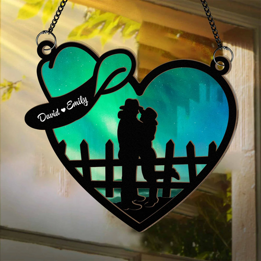 Couple - Cowboy And Cowgirl In Love- Personalized Window Hanging Suncatcher Ornament