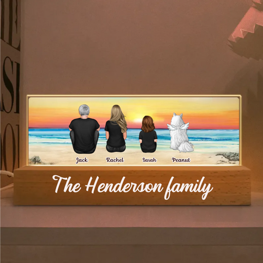 Family - Family Sitting Back View Retro Vintage Beach Landscape - Personalized Acrylic Plaque With LED Night Light