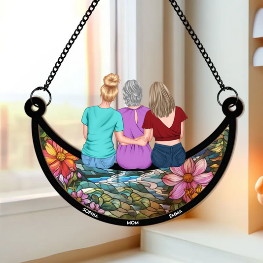 Family - Mother & Daughter On The Moon - Personalized Window Hanging Suncatcher Ornament (BU)