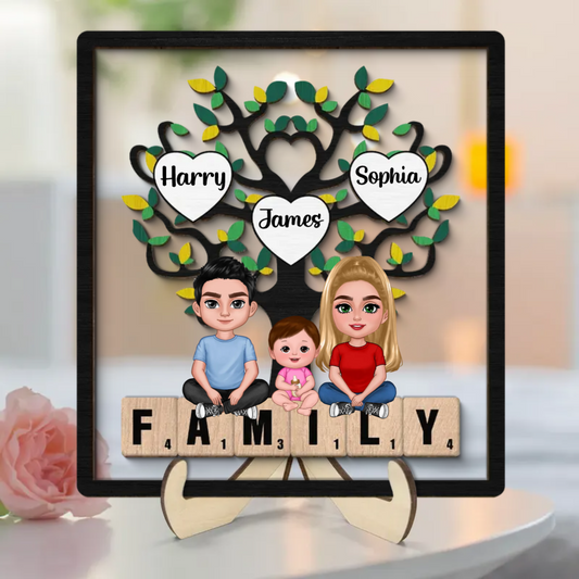 Family - Family Crossed Legs Under Tree On Text - Personalized 2-Layer Wooden Plaque (HJ)