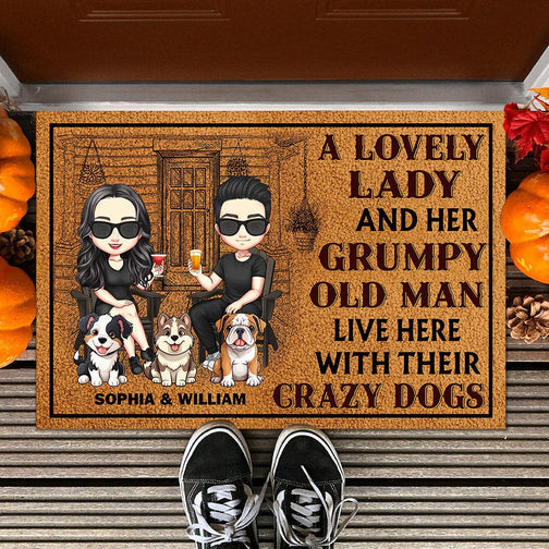 Dog Lovers - A Lovely Lady And A Grumpy Old Man Live Here - Personalized Doormat