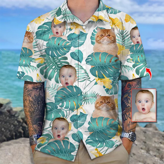 Family - Upload Cat And Face Photo - Personalized Hawaiian Shirt