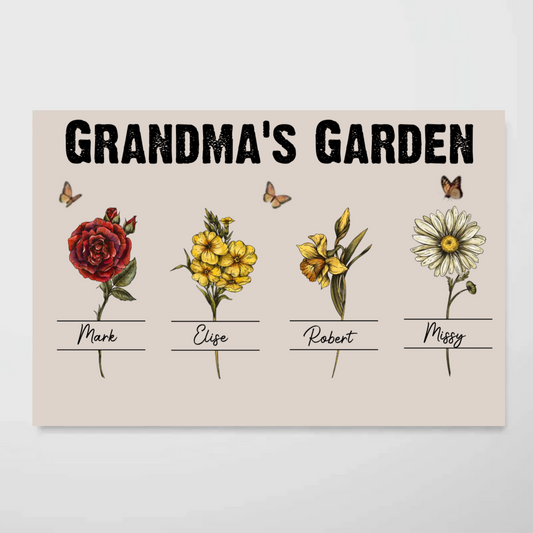 Grandma - Grandma‘s Garden Beautiful Vintage Birth Month Flower With Names Personalized Horizontal Poster