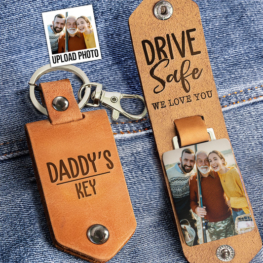 Father - Daddy's Keys Drive Safe I Love You - Personalized Leather Keychain